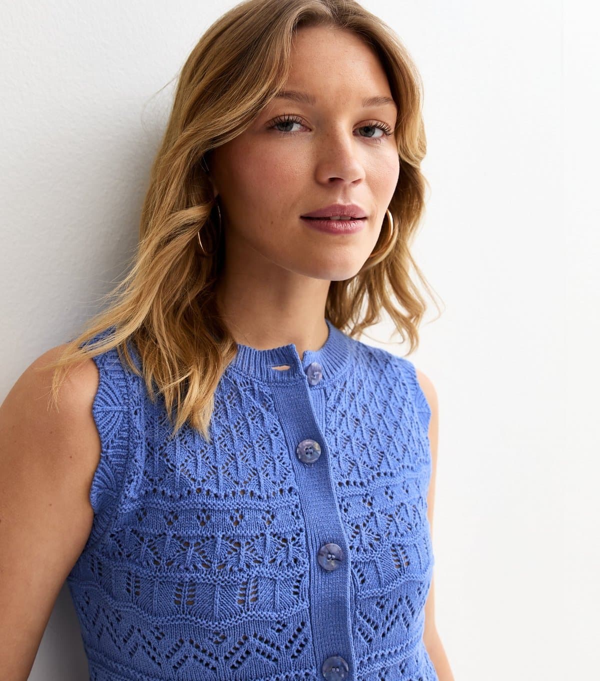 New Look Women's Blue Cotton Rich Crochet Look Knit Waistcoat New Look