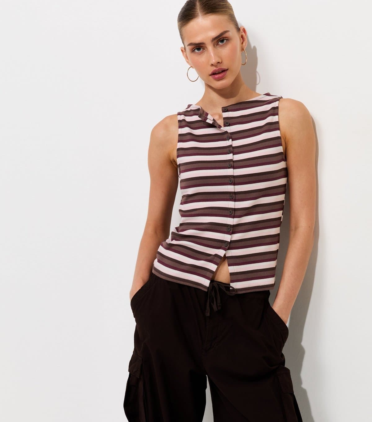 New Look New Look Brown Striped Button Through Tank Top