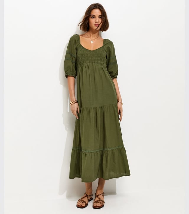 New Look Women's Dark Khaki Shirred Milkmaid Midi Dress New Look - 2