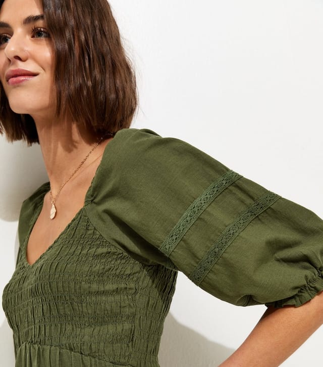 New Look Women's Dark Khaki Shirred Milkmaid Midi Dress New Look - 3