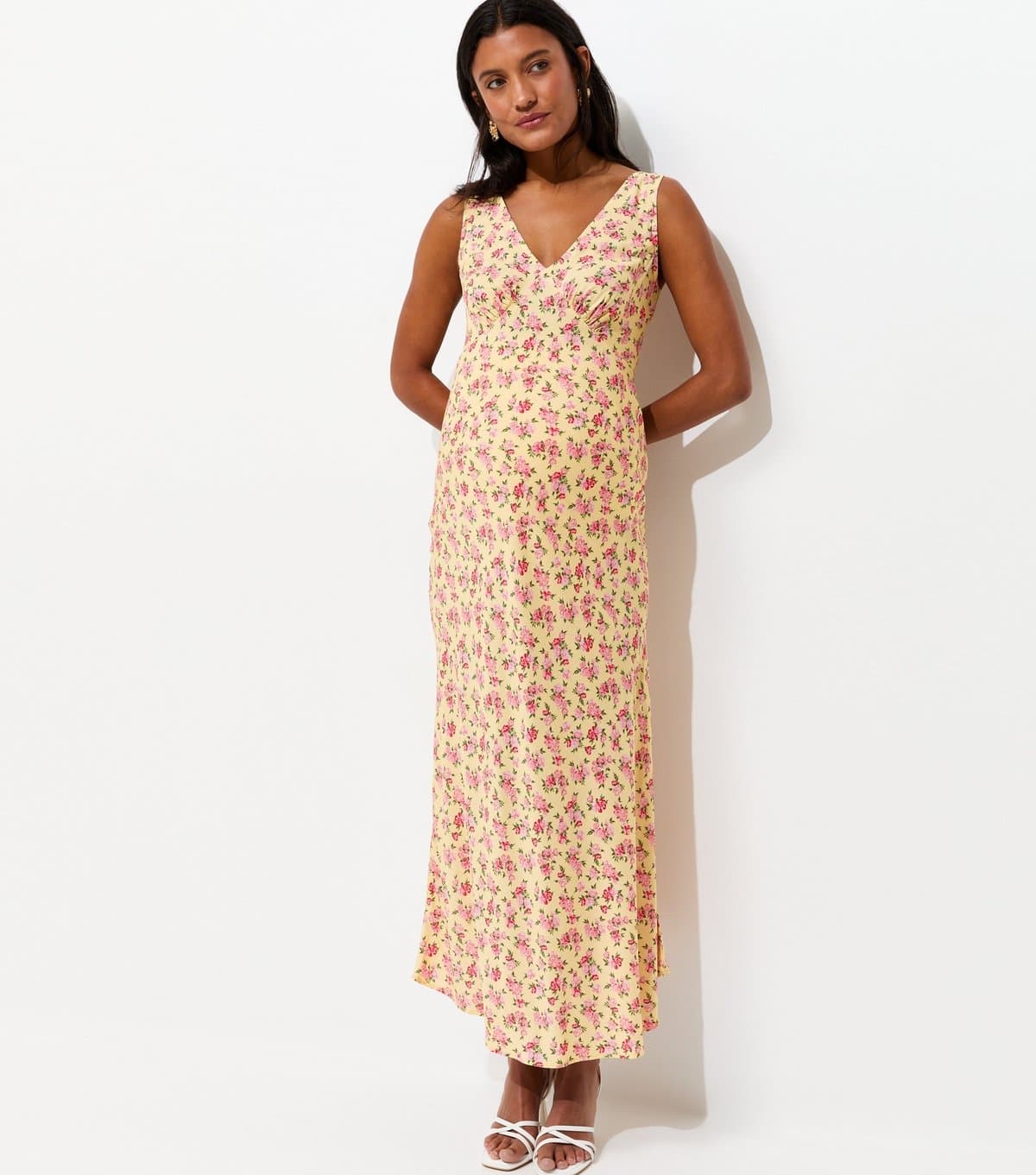 New Look Women's Maternity Light Yellow Ditsy V Neck Bias Cut Midi Dress New Look