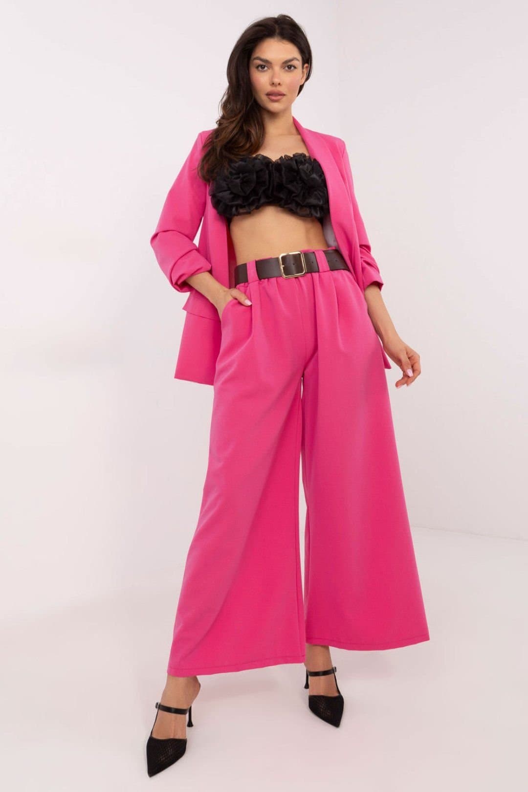 Love Lace Love Lace Pink Polyester/Elastane High Waist Flared Trousers