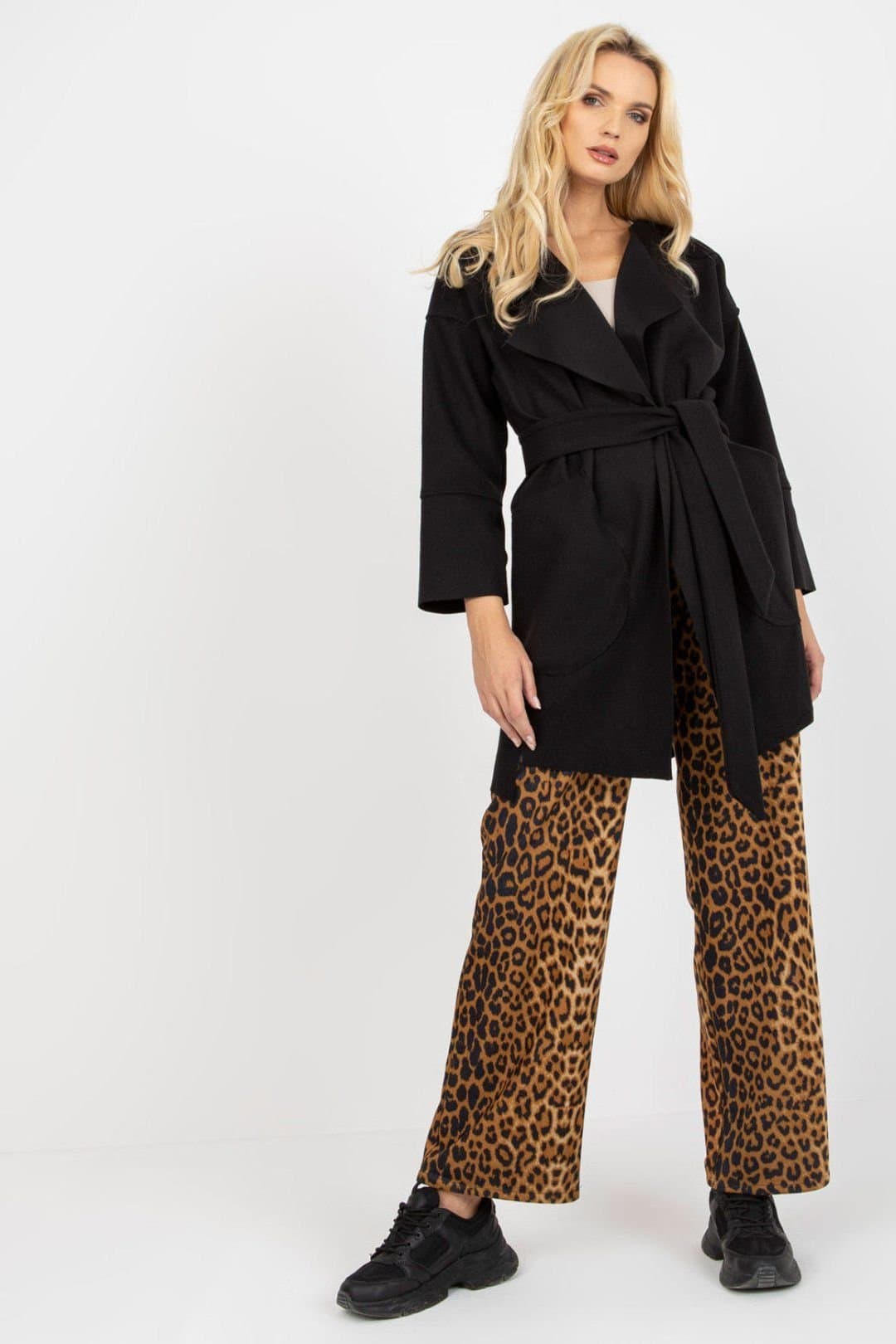 Love Lace Love Lace Women's Long Sleeve Tie Belt Patch Pocket Coat in Black