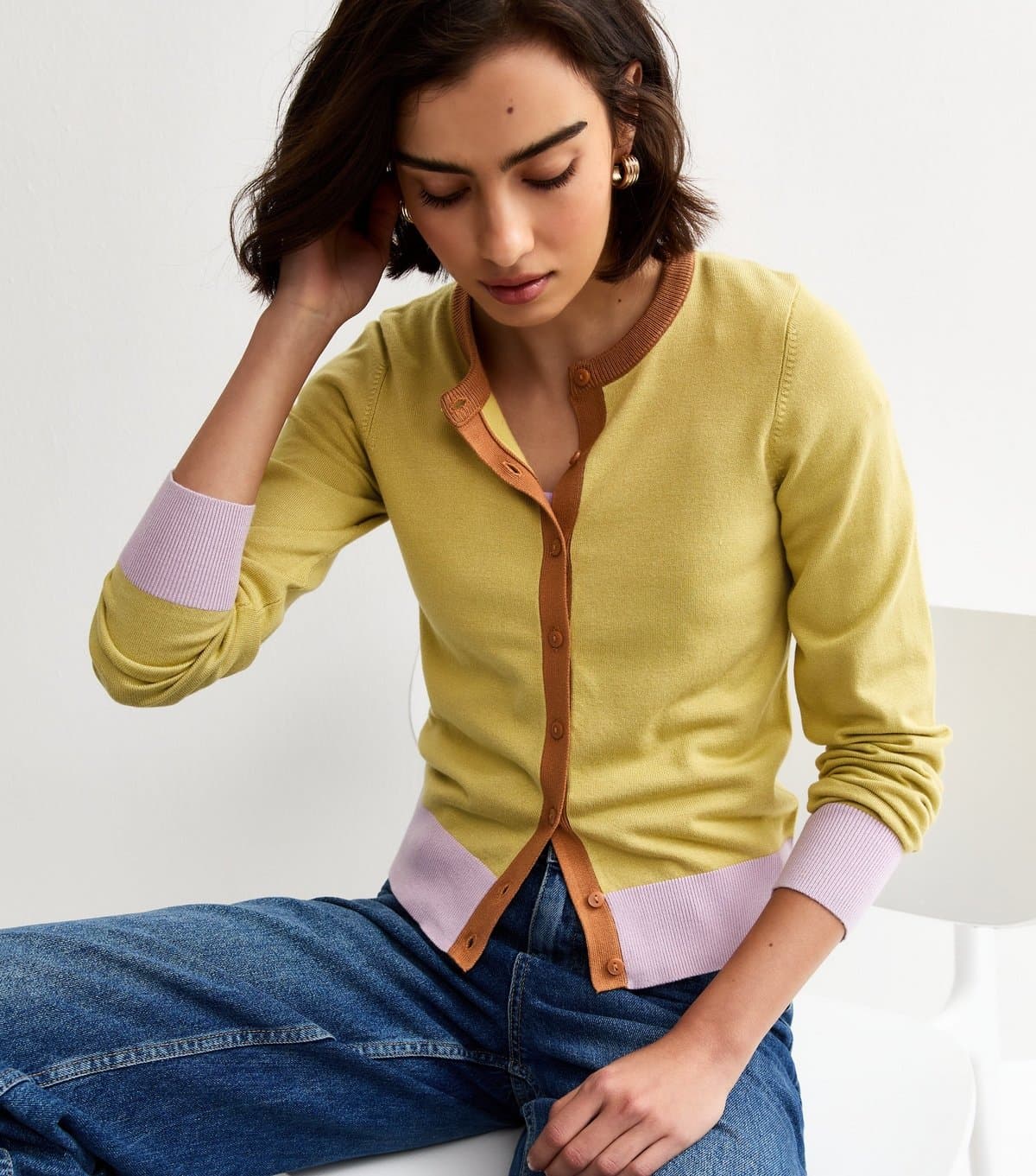 New Look Women's Green Trimmed Crew Neck Knit Cardigan New Look