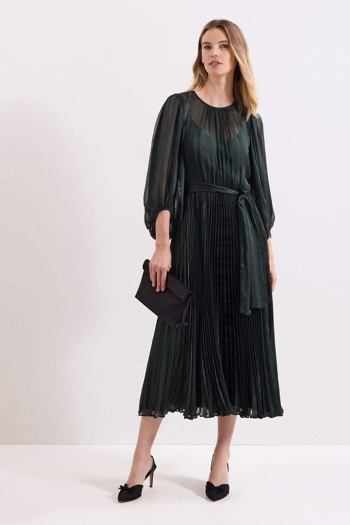 Phase Eight Phase Eight Women's Lucie Striped Pleated Midi Dress in Bottle Green