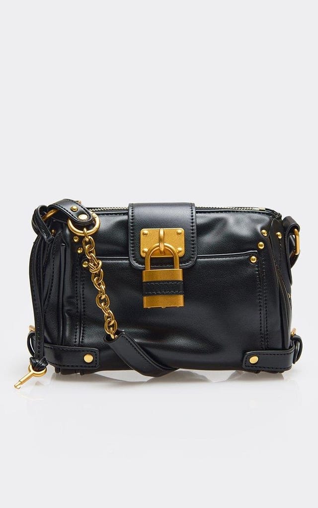 EGO Issues Padlock Detail Shaped Shoulder Bag In Black Faux Leather, Women's Size UK 0 - 2