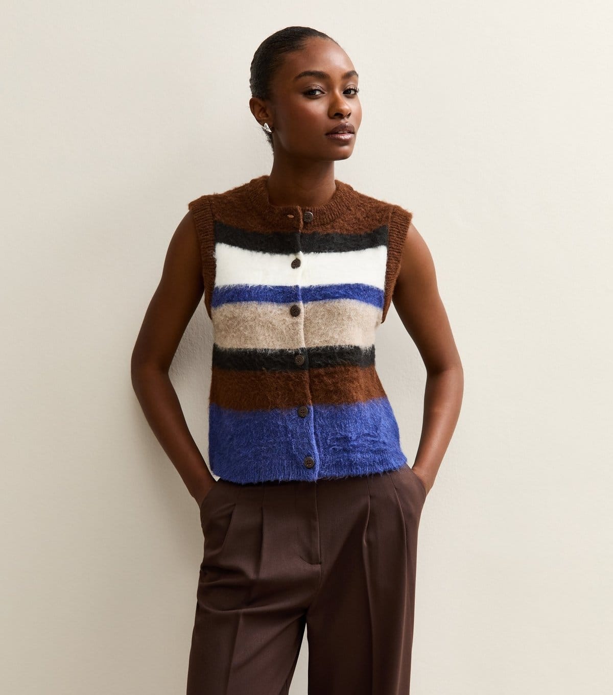 New Look Brown Brushed Striped Waistcoat
