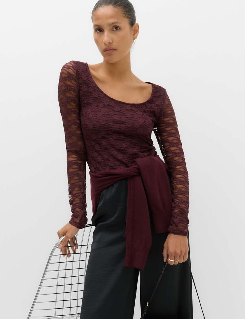 Marks & Spencer M&S Lace Scoop Neck Top Dark Aubergine - 1