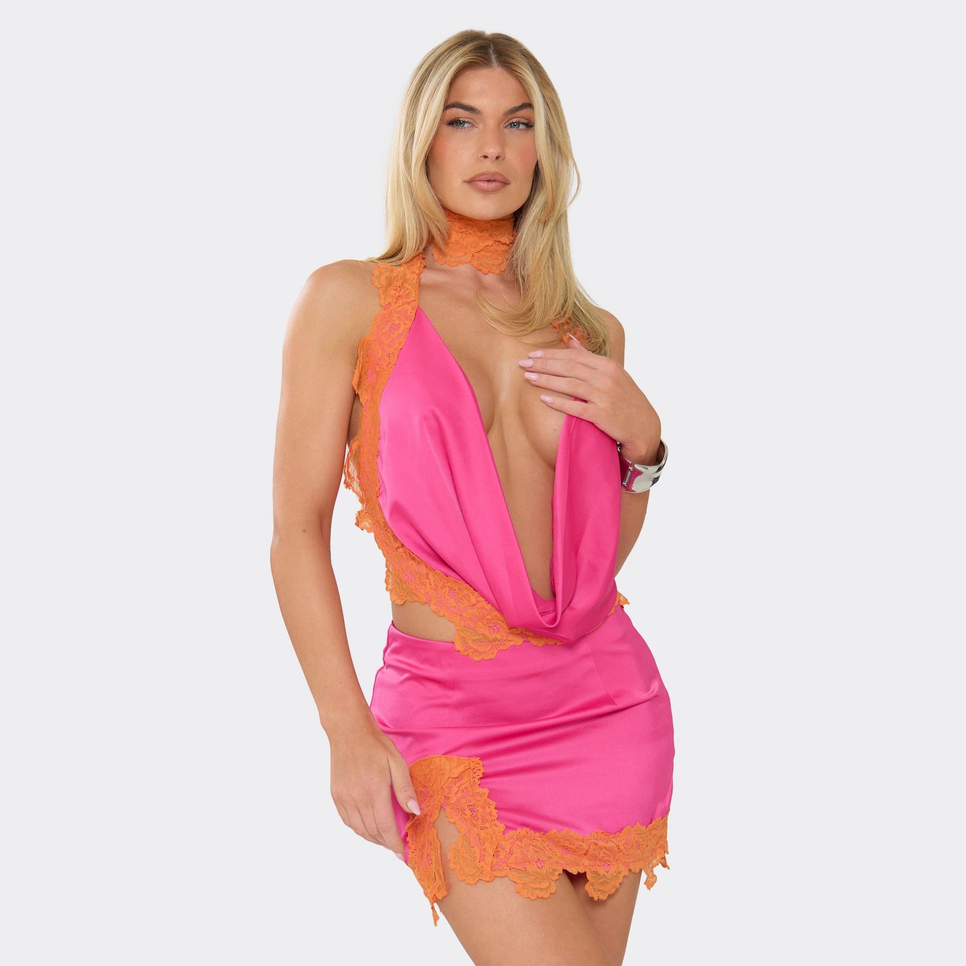 EGO Orange Lace Trim Split Hem Mini Skirt In Pink Satin, Women's Size UK 6