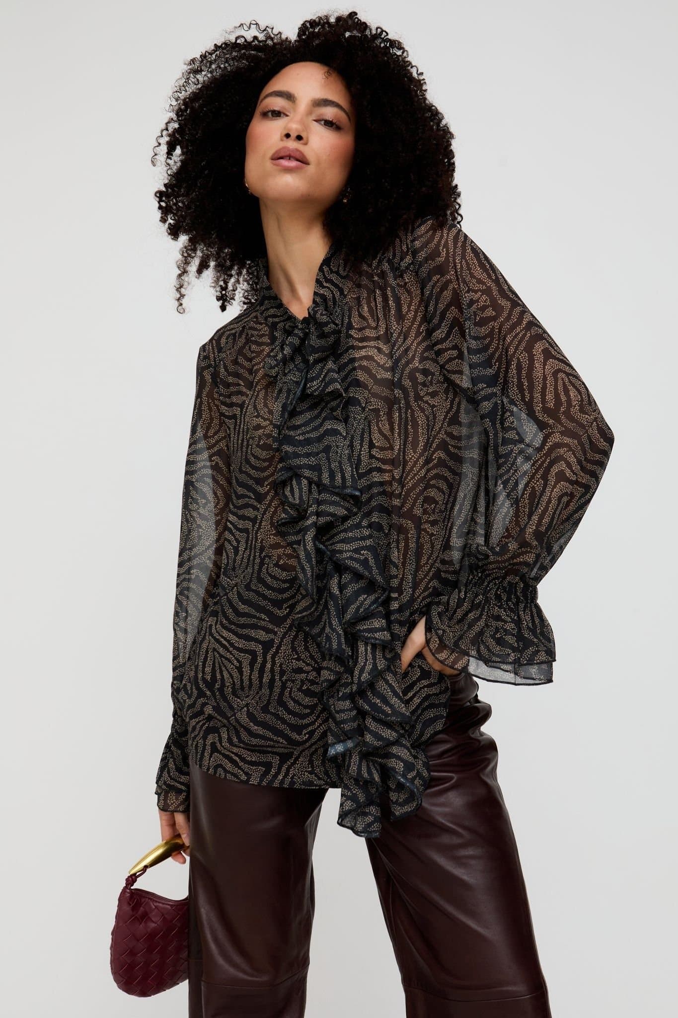 Lily and Lionel Lily and Lionel Women's Zendaya Ruffle Detail Zebra Print Shirt In Black