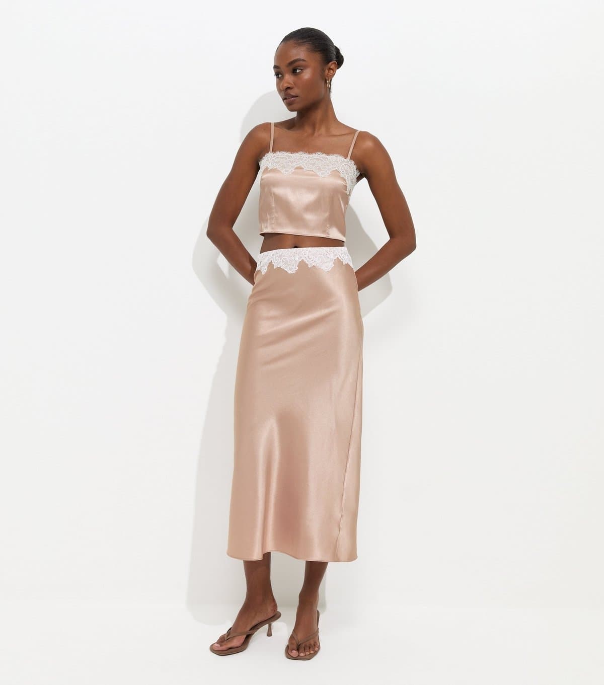 New Look Women's Camel Lace Waist Satin Midi Skirt New Look