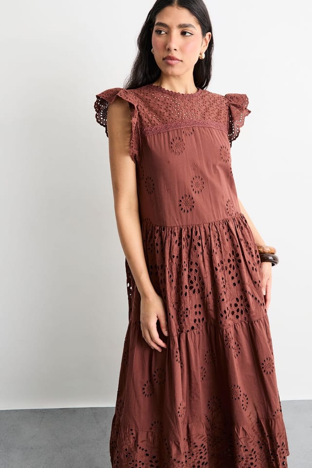 Warehouse Warehouse Women's Broderie Mix Tiered Midi Dress in Brown - 2