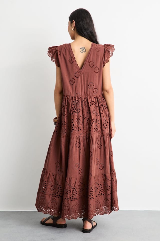 Warehouse Warehouse Women's Broderie Mix Tiered Midi Dress in Brown - 3