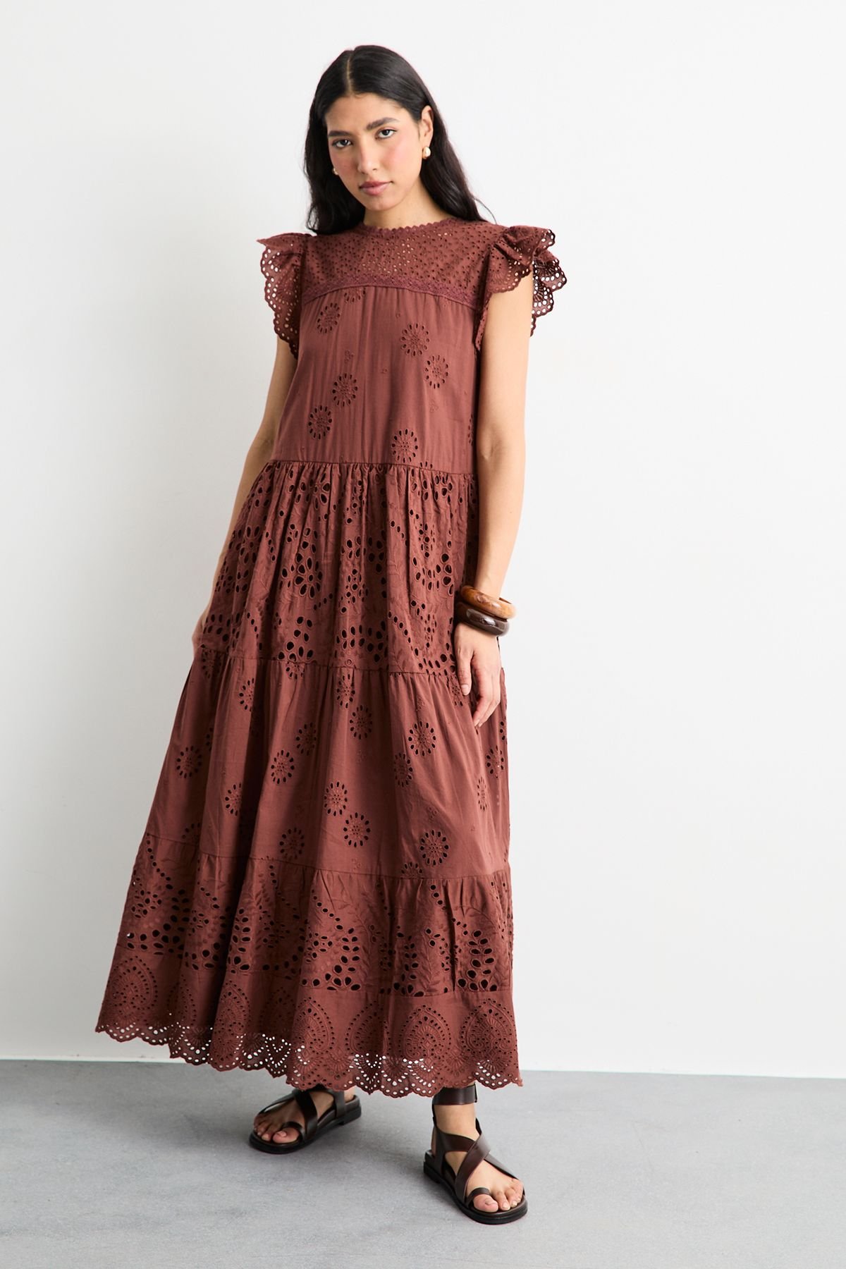 Warehouse Warehouse Women's Broderie Mix Tiered Midi Dress in Brown - 4