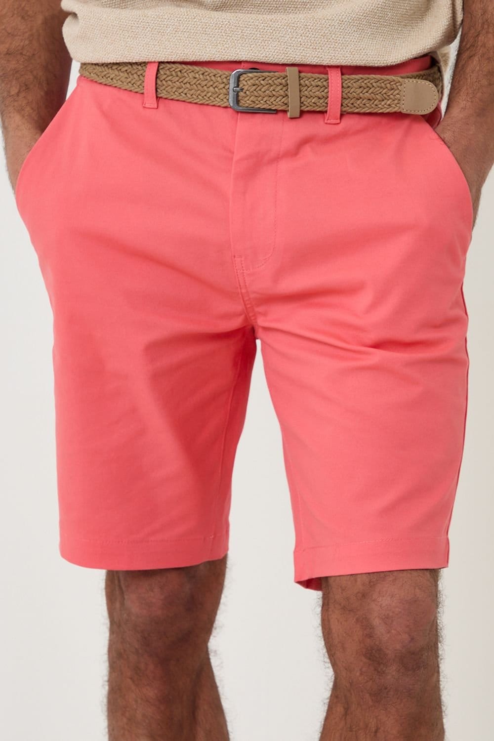 Threadbare Threadbare Men's Cotton Chino Shorts with Woven Belt in Coral - 4