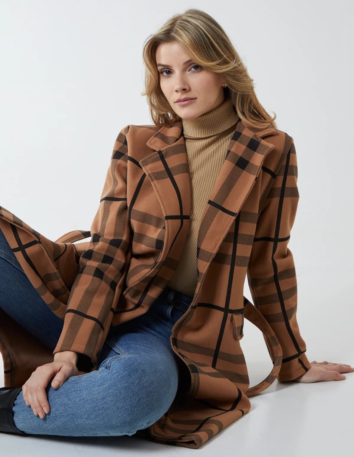 Blue Vanilla Checked Belted 3/4 Length Wrap Coat