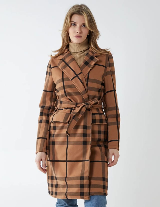 Blue Vanilla Checked Belted 3/4 Length Wrap Coat - 2