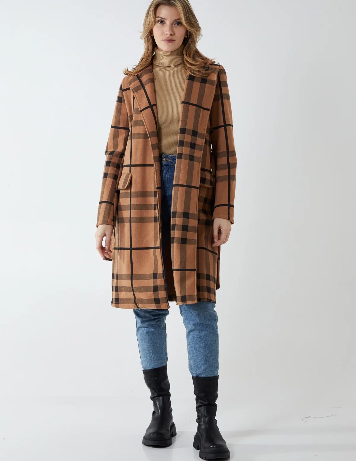 Blue Vanilla Checked Belted 3/4 Length Wrap Coat - 4