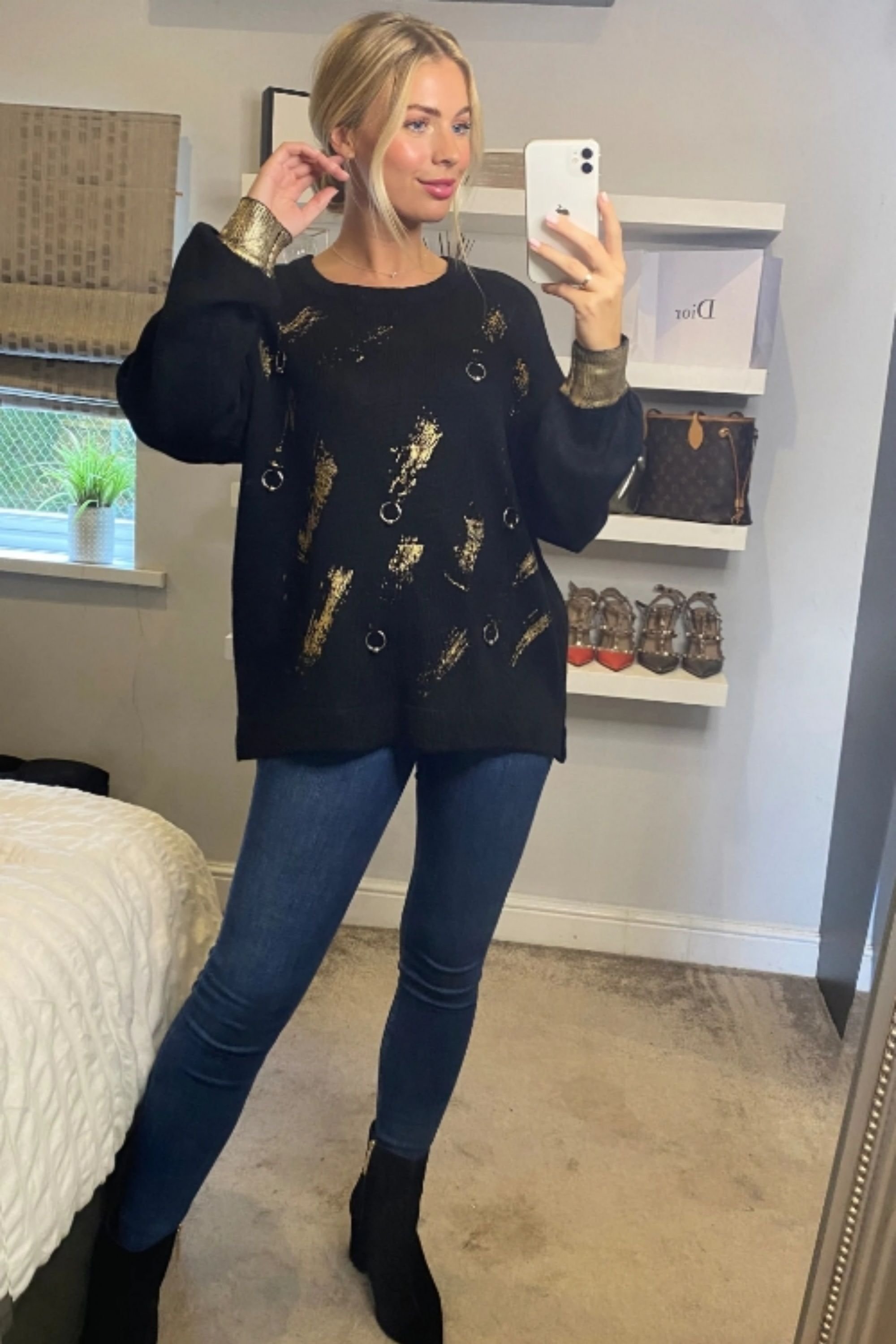 CY CY Women's Balloon Sleeve Jumper With Gold Metallic Print & Ring Embellishments in Black - 1