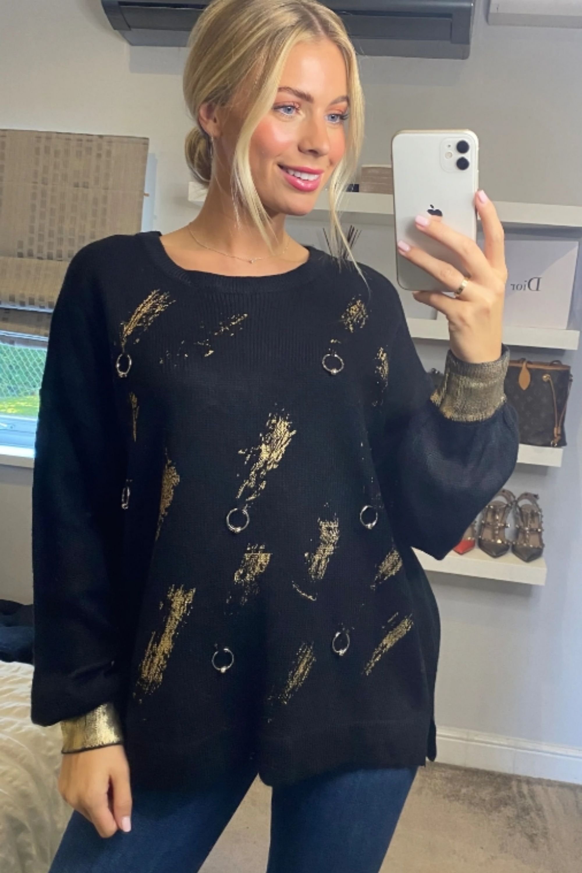 CY CY Women's Balloon Sleeve Jumper With Gold Metallic Print & Ring Embellishments in Black - 2