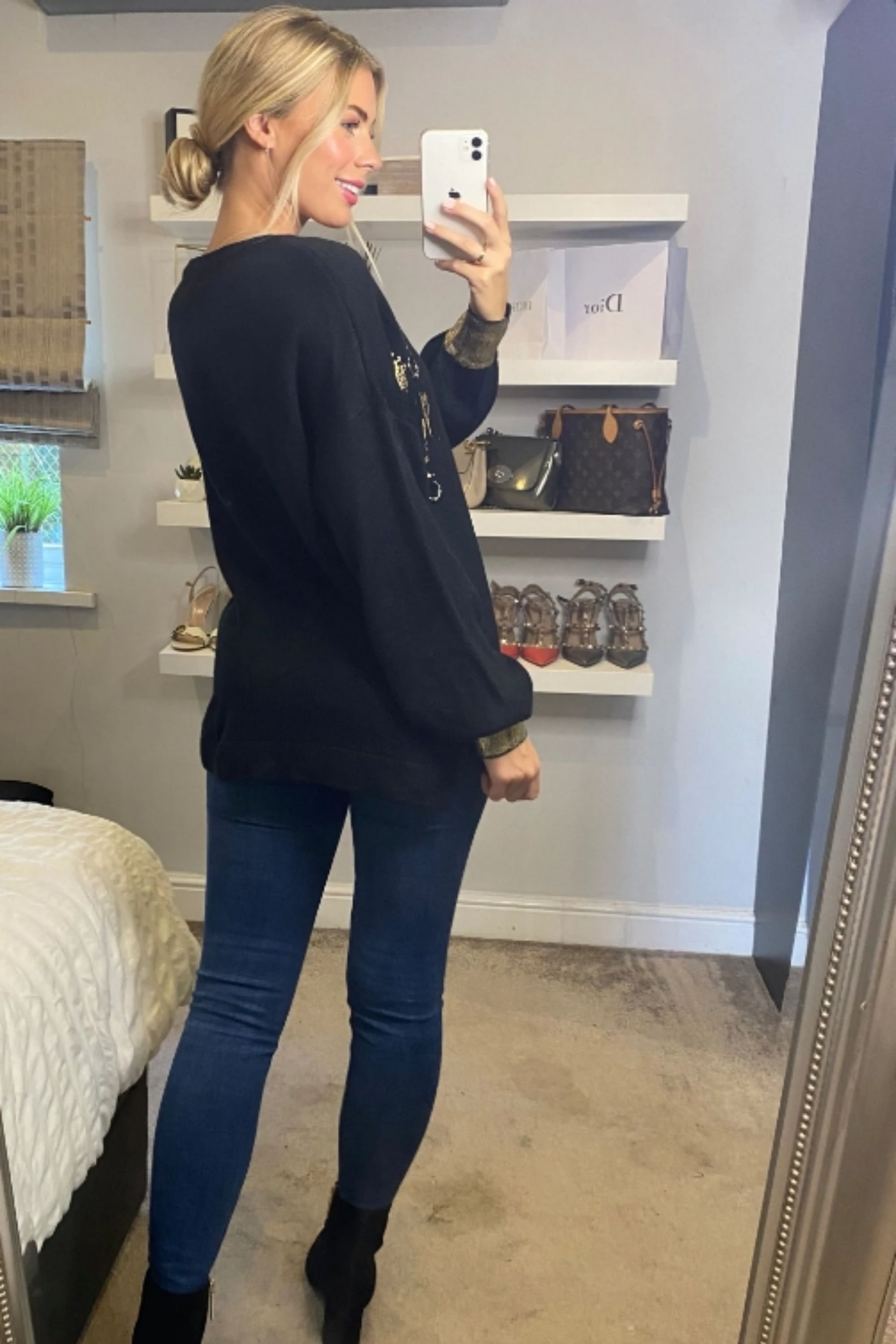 CY CY Women's Balloon Sleeve Jumper With Gold Metallic Print & Ring Embellishments in Black - 3