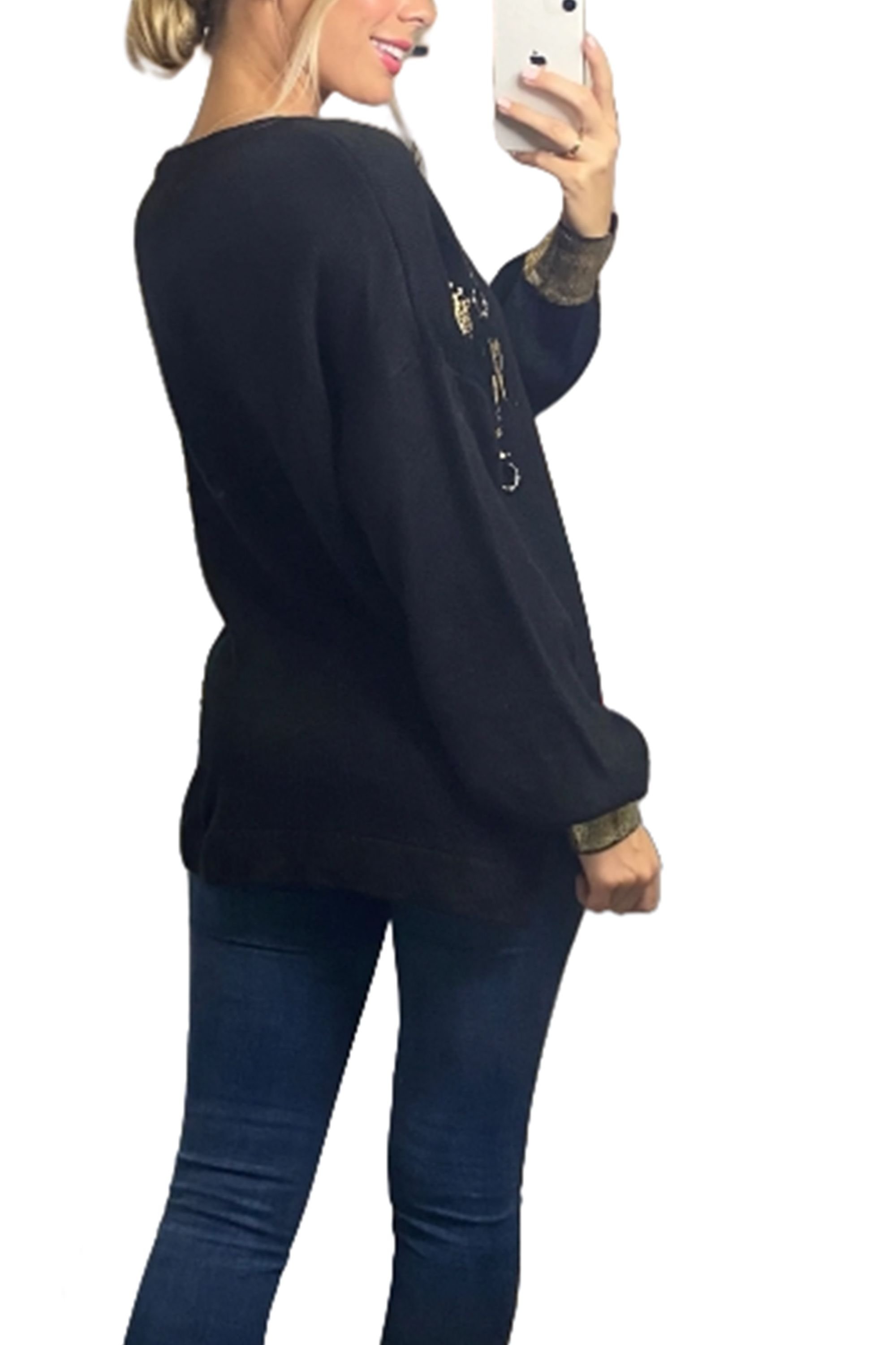 CY CY Women's Balloon Sleeve Jumper With Gold Metallic Print & Ring Embellishments in Black - 4