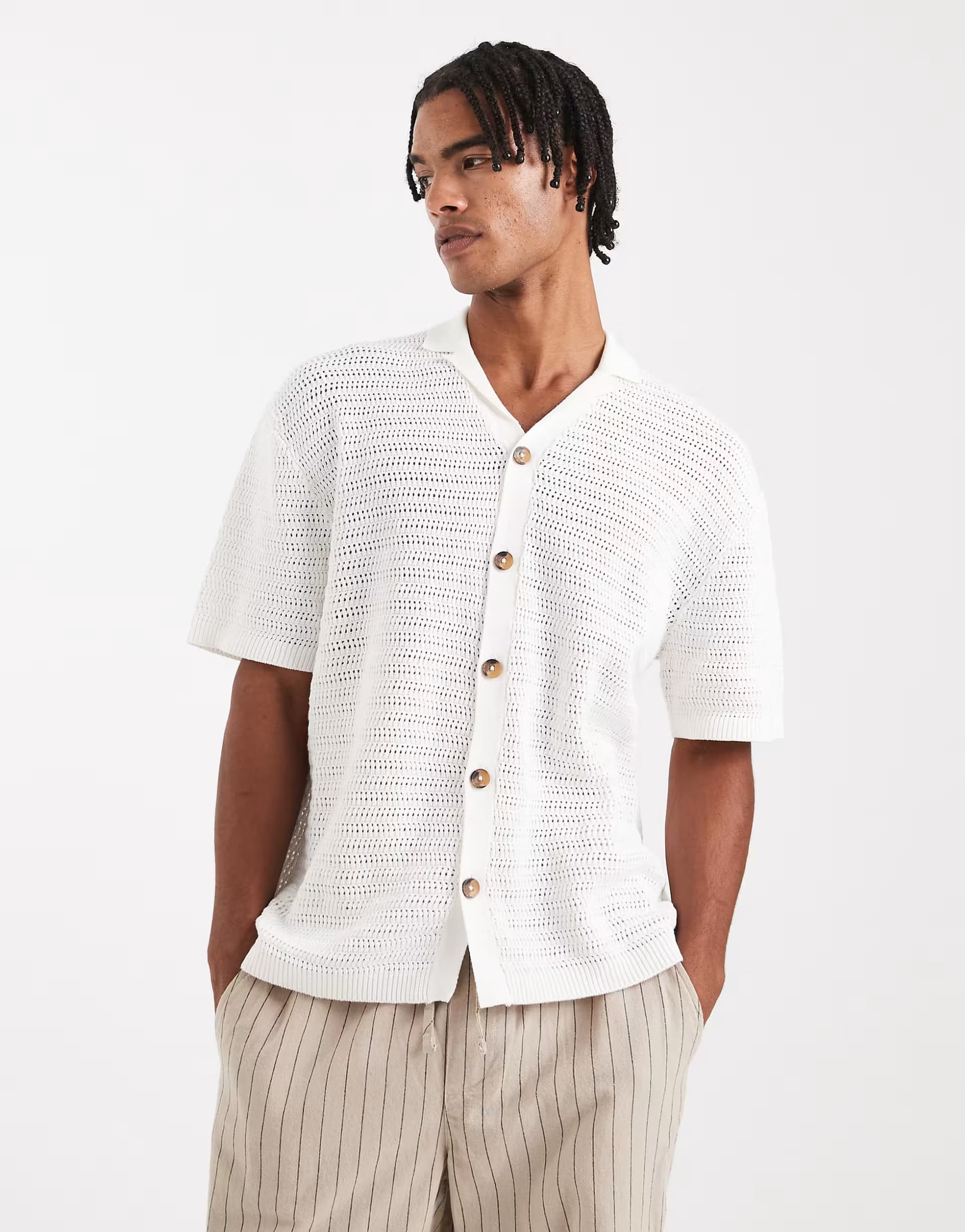 ASOS ONLY & SONS loose fit crochet shirt in cream