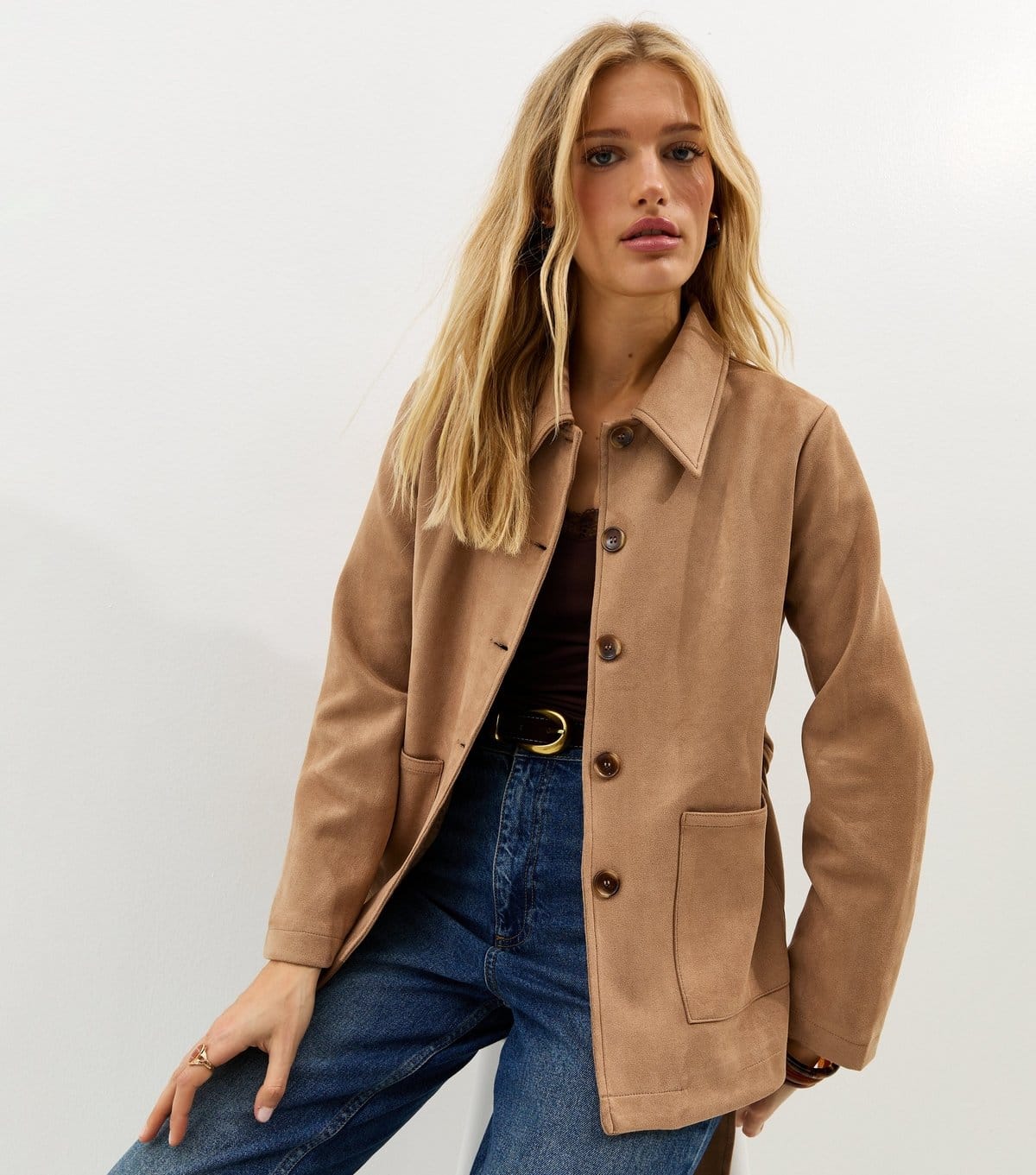 New Look Camel Faux Suede Button Through Belted Jacket