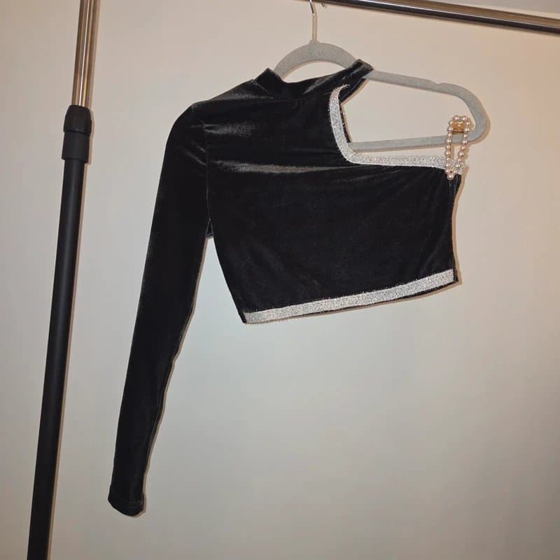Shein Velvet Asymmetric Cropped Tinsel Edge Detail Top
