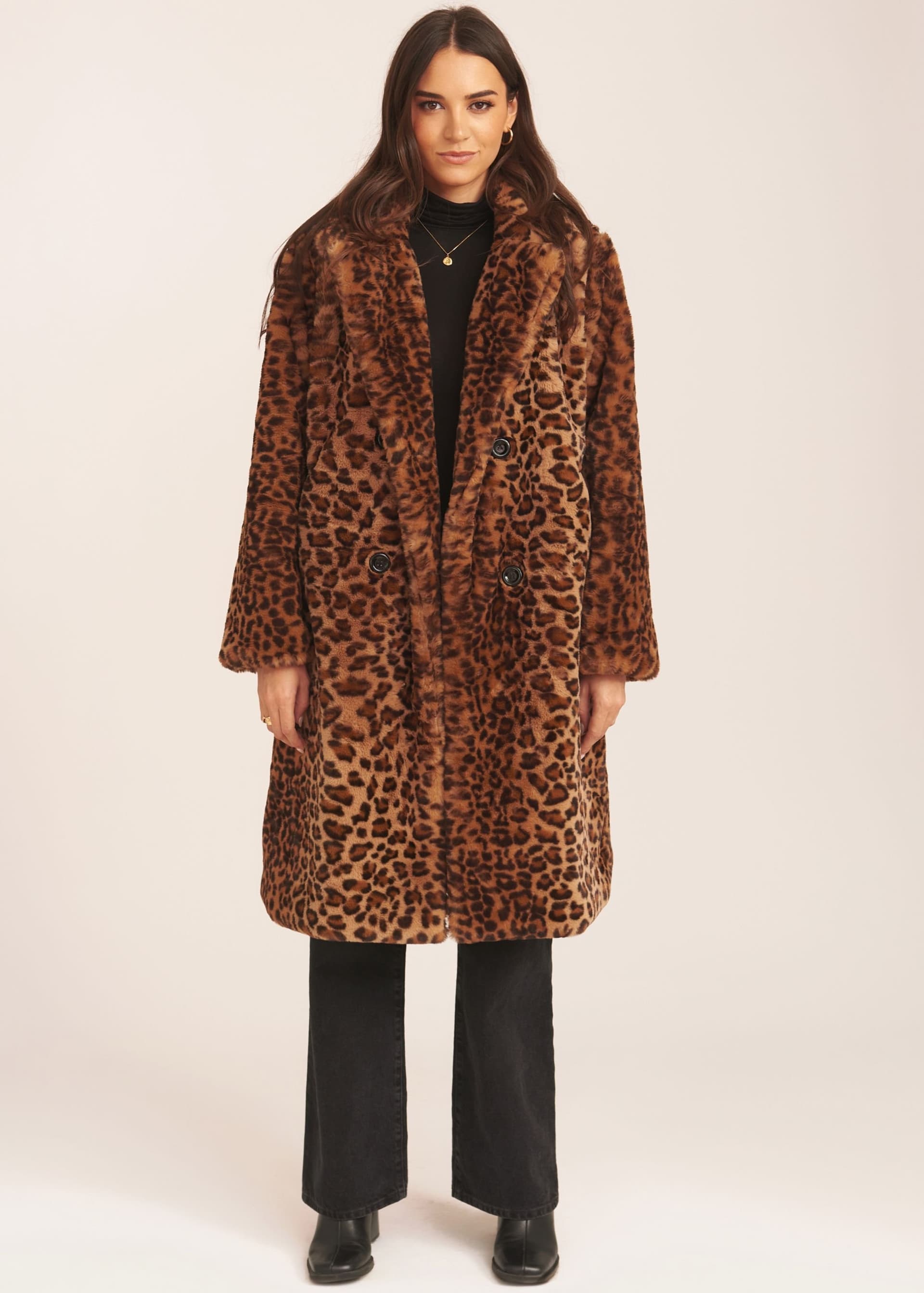 Gini London Gini London Women's Brown Leopard Double Breasted Longline Furcoat
