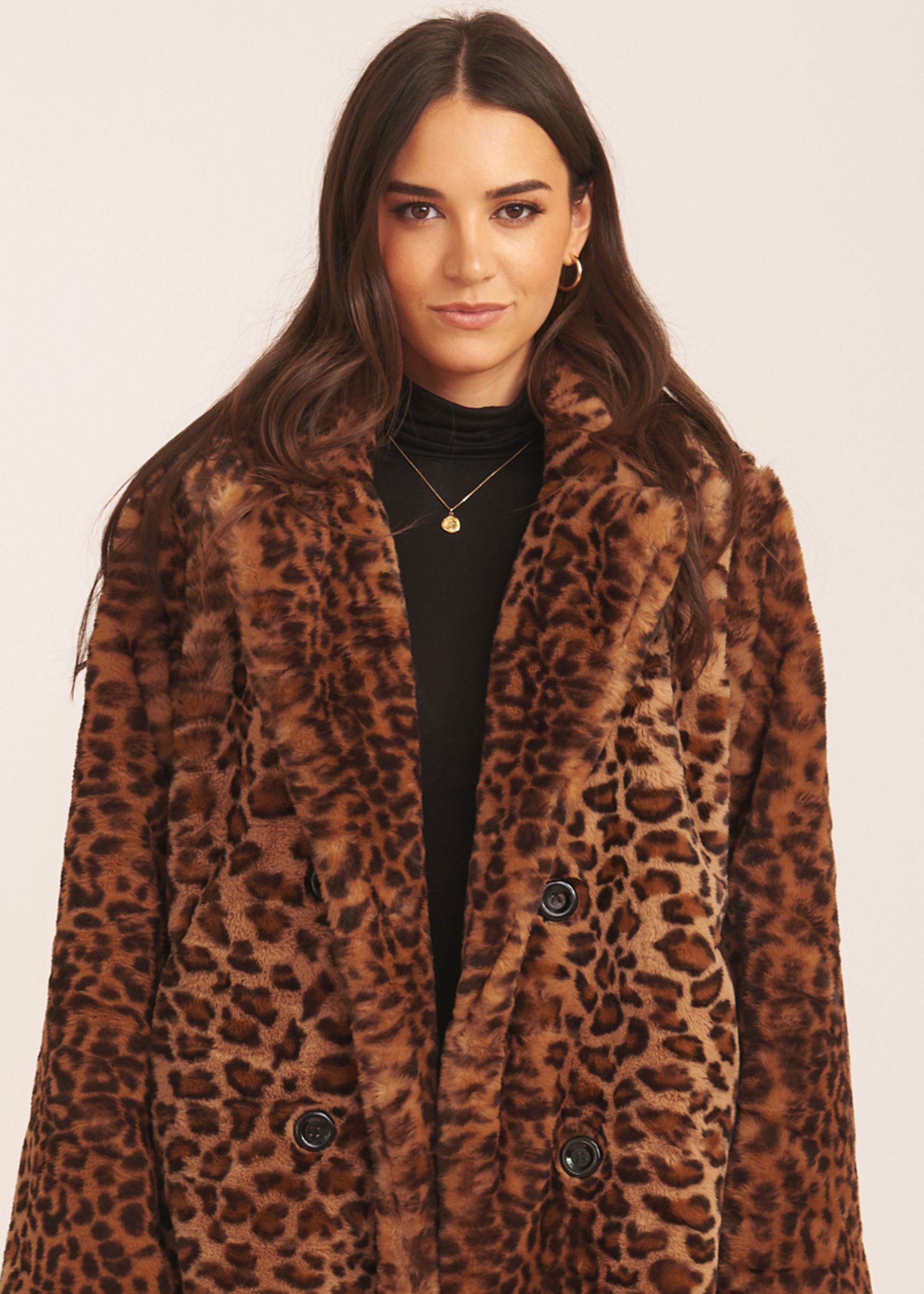 Gini London Gini London Women's Brown Leopard Double Breasted Longline Furcoat - 2
