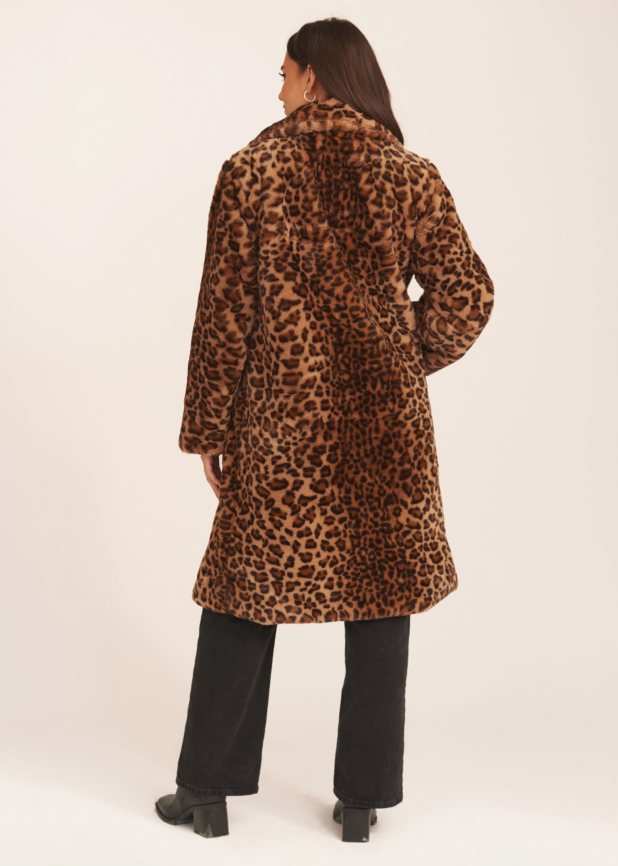 Gini London Gini London Women's Brown Leopard Double Breasted Longline Furcoat - 4