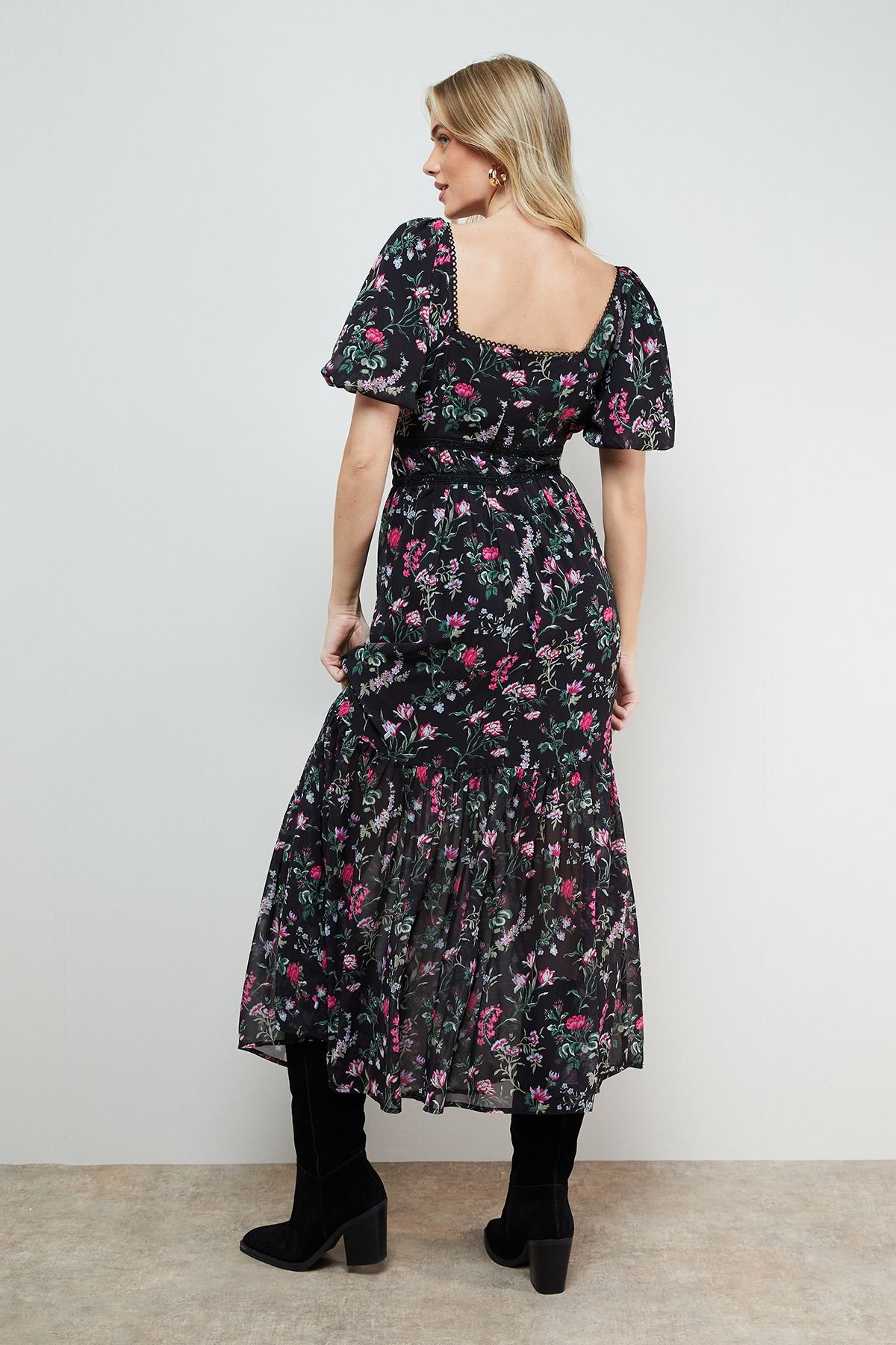 Oasis Oasis Women's Lace Trim Puff Sleeve Midaxi Dress in Black - 4