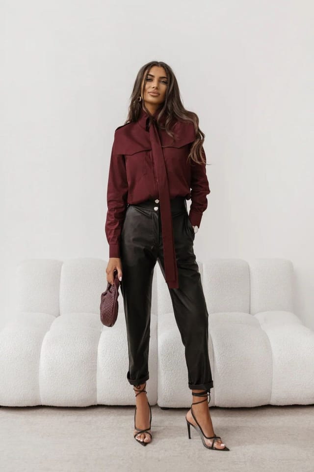 Love Lace Love Lace Women's MILO Long Sleeve Cotton Elastane Shirt in Burgundy - 2