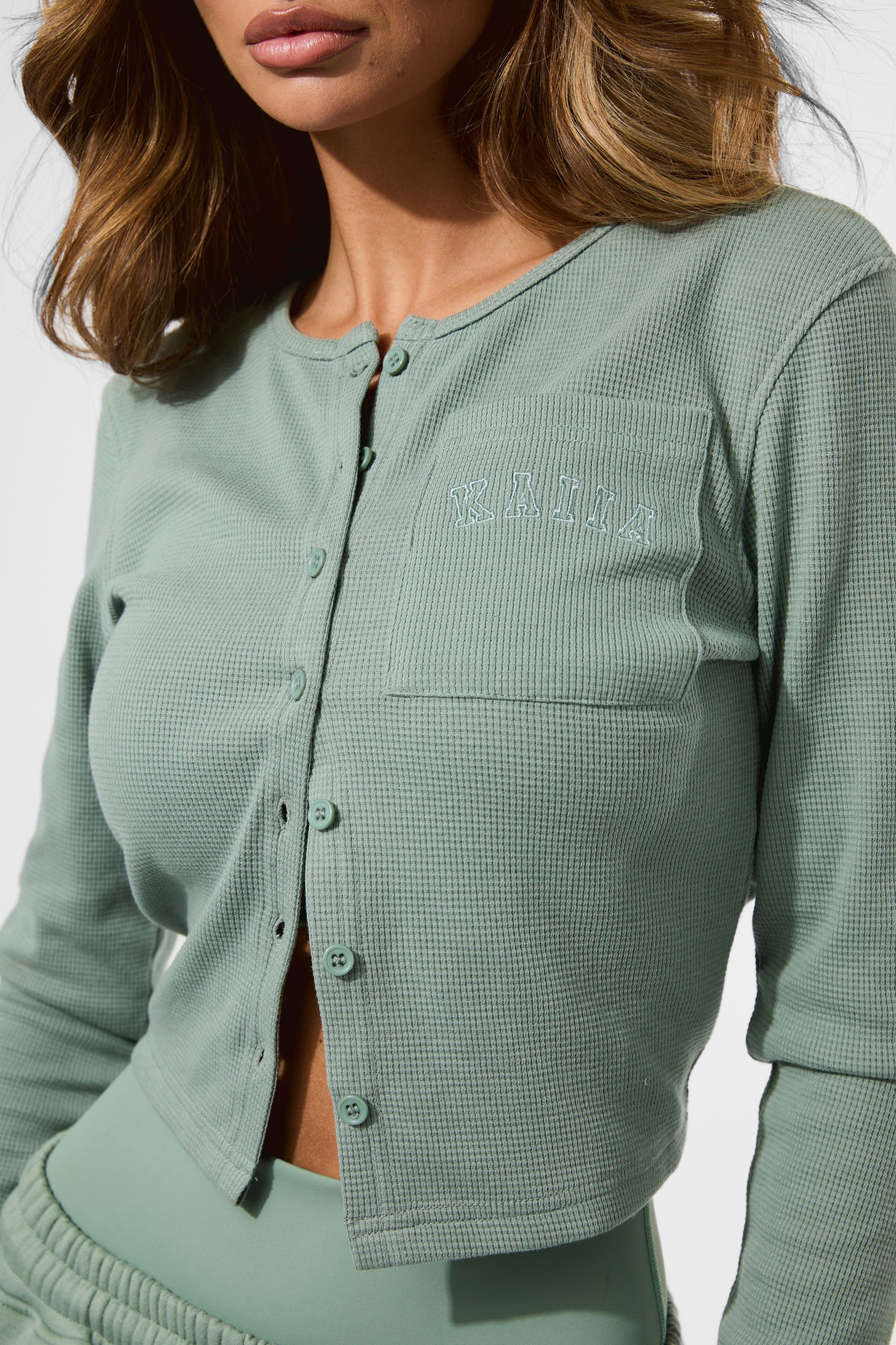 Kaiia Kaiia Waffle Button Up Long Sleeve Top Green Tea - 2