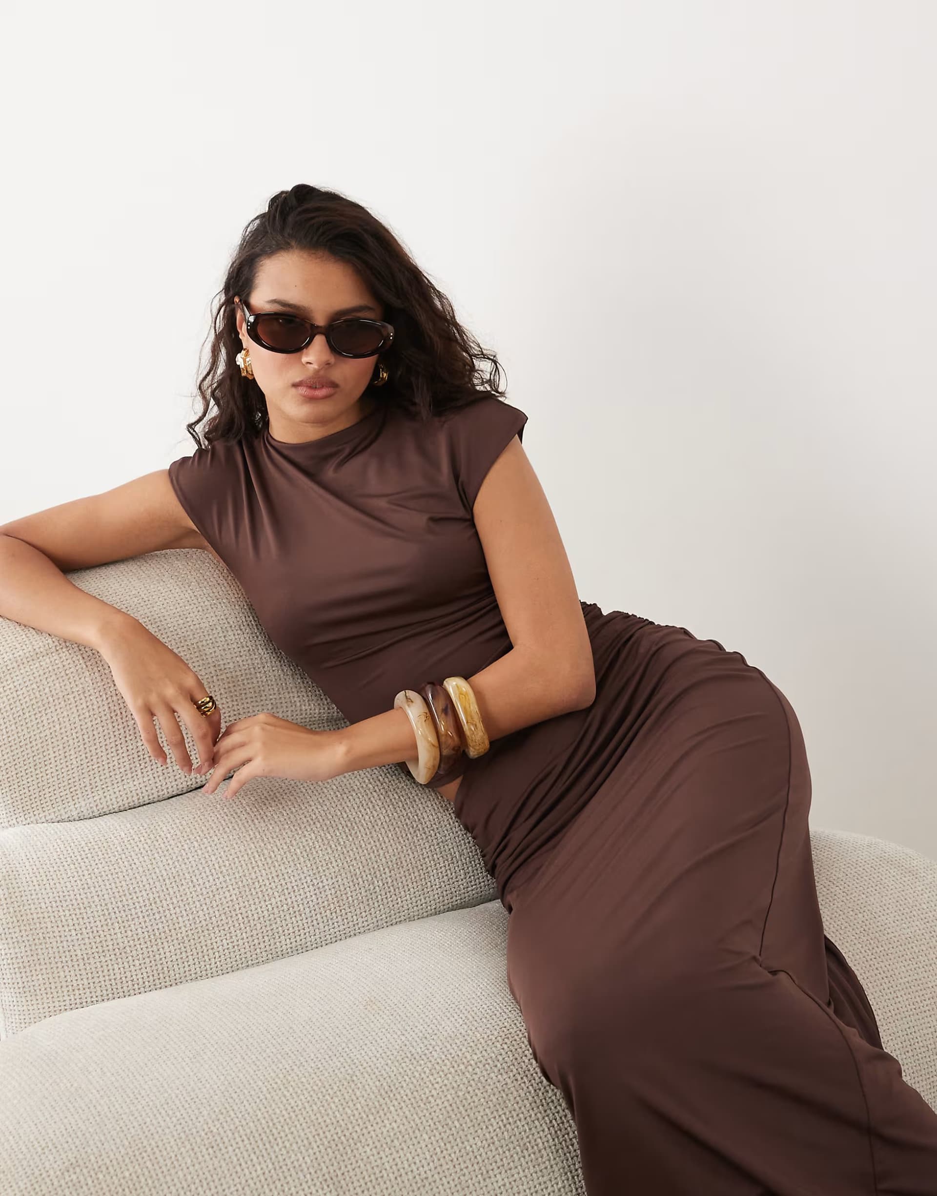 ASOS SNDYS cap sleeve ruched side sleeveless top co-ord in chocolate