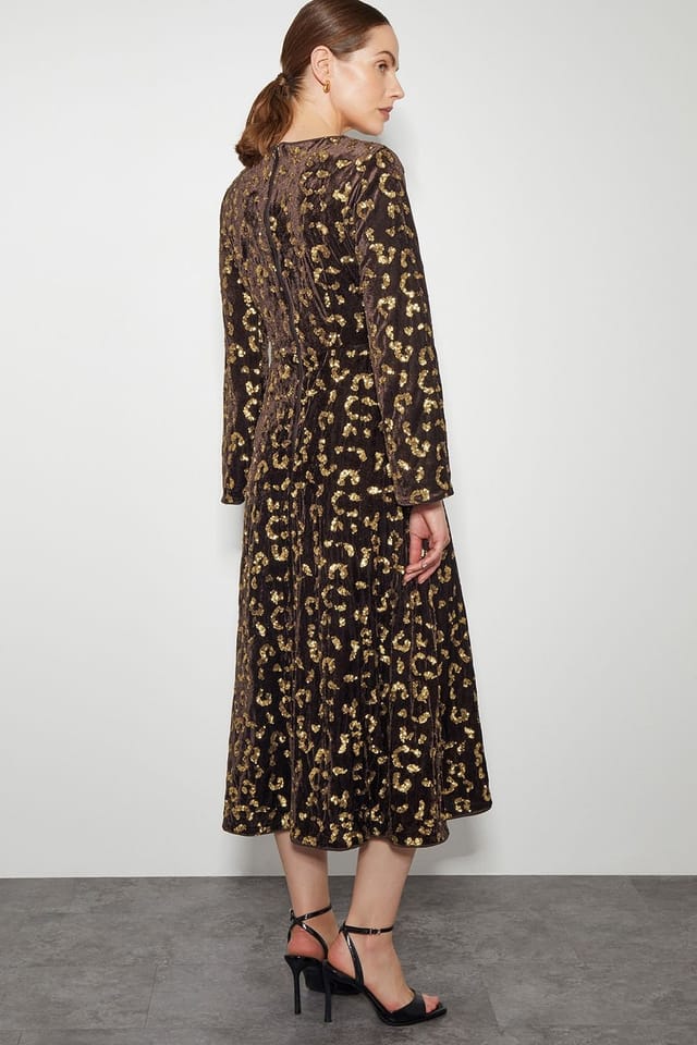 Monsoon Monsoon Women's Arwen Sequin Leopard Velvet Midi Dress Brown in Chocolate - 3