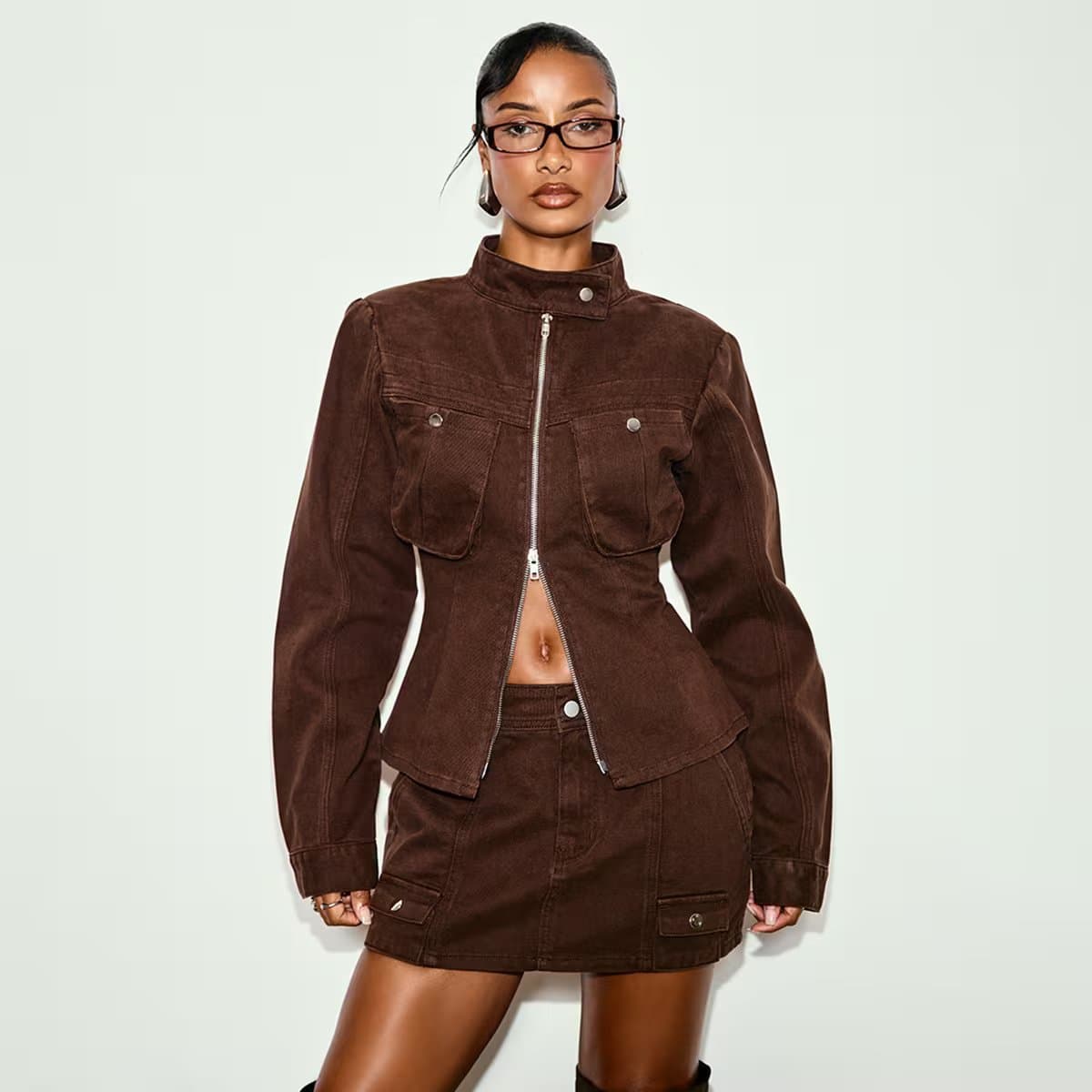 EGO Long Sleeve Funnel Neck Double Zip Cinched Waist Cargo Jacket In Chocolate Brown Denim, Women's Size UK 6