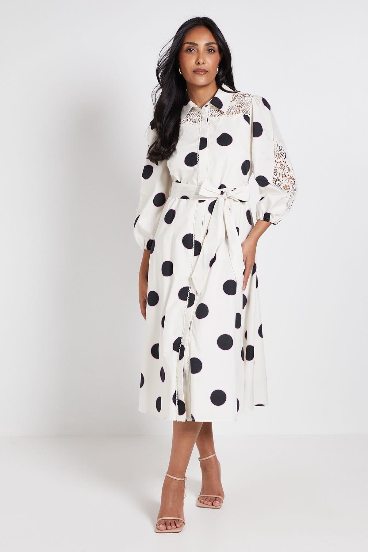 Wallis Wallis Women's Petite Polka Dot Cotton Cutwork Detail Shirt Dress in Ivory