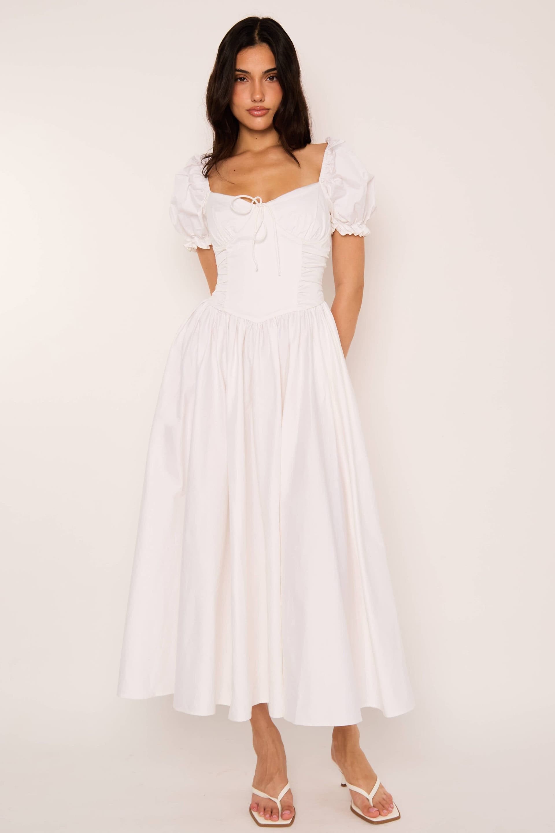 Jaded Rose Jaded Rose Women's Dellie White Cotton Lace Up Corset Puff Sleeve Midaxi Dress