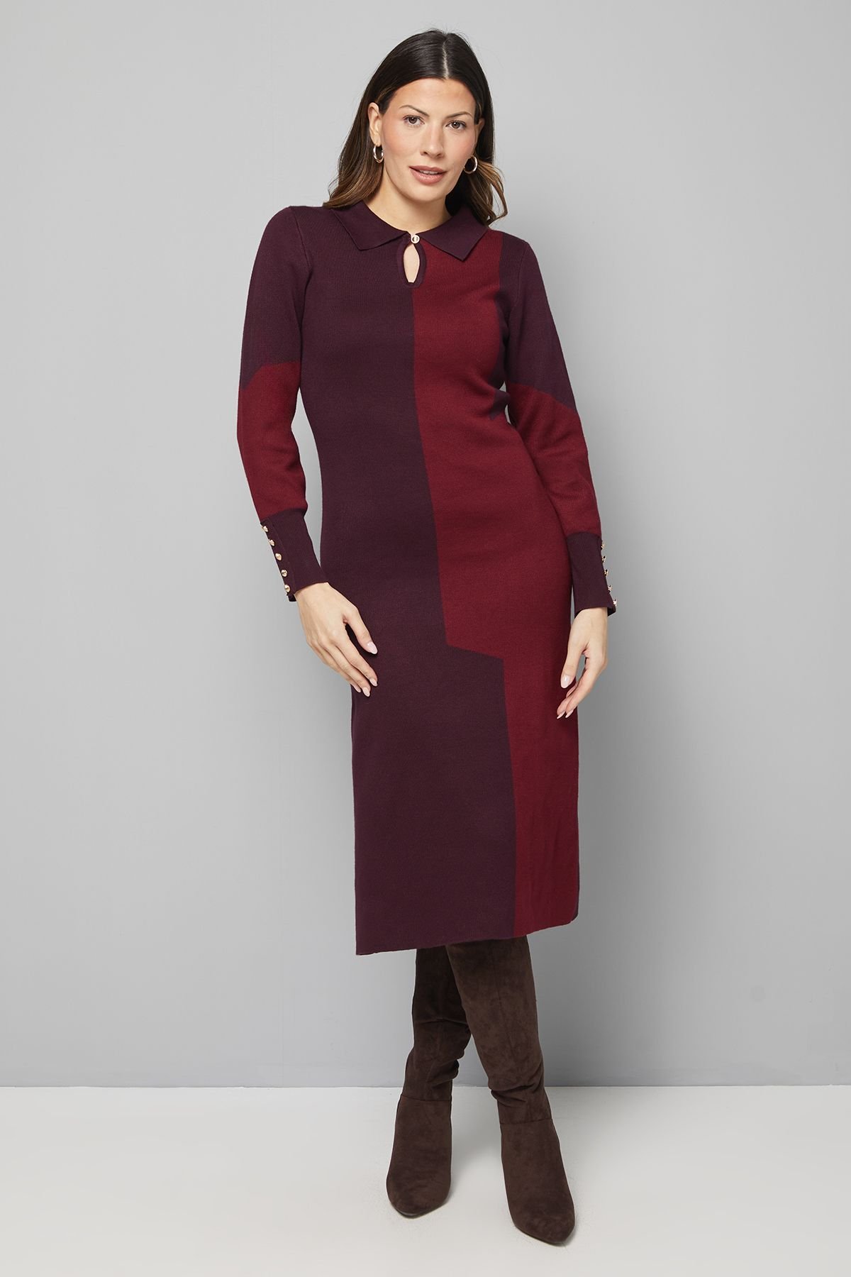 Wallis Wallis Women's Collared Geo Knitted Dress in Burgundy - 2