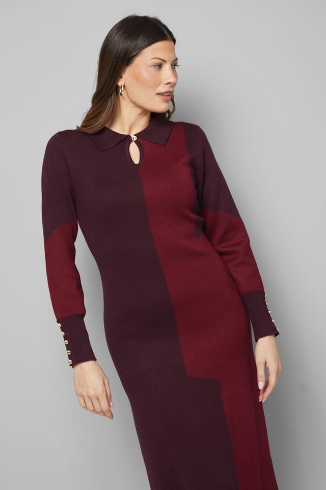 Wallis Wallis Women's Collared Geo Knitted Dress in Burgundy - 2