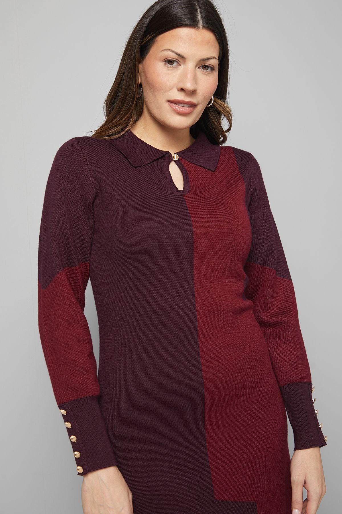 Wallis Wallis Women's Collared Geo Knitted Dress in Burgundy - 4