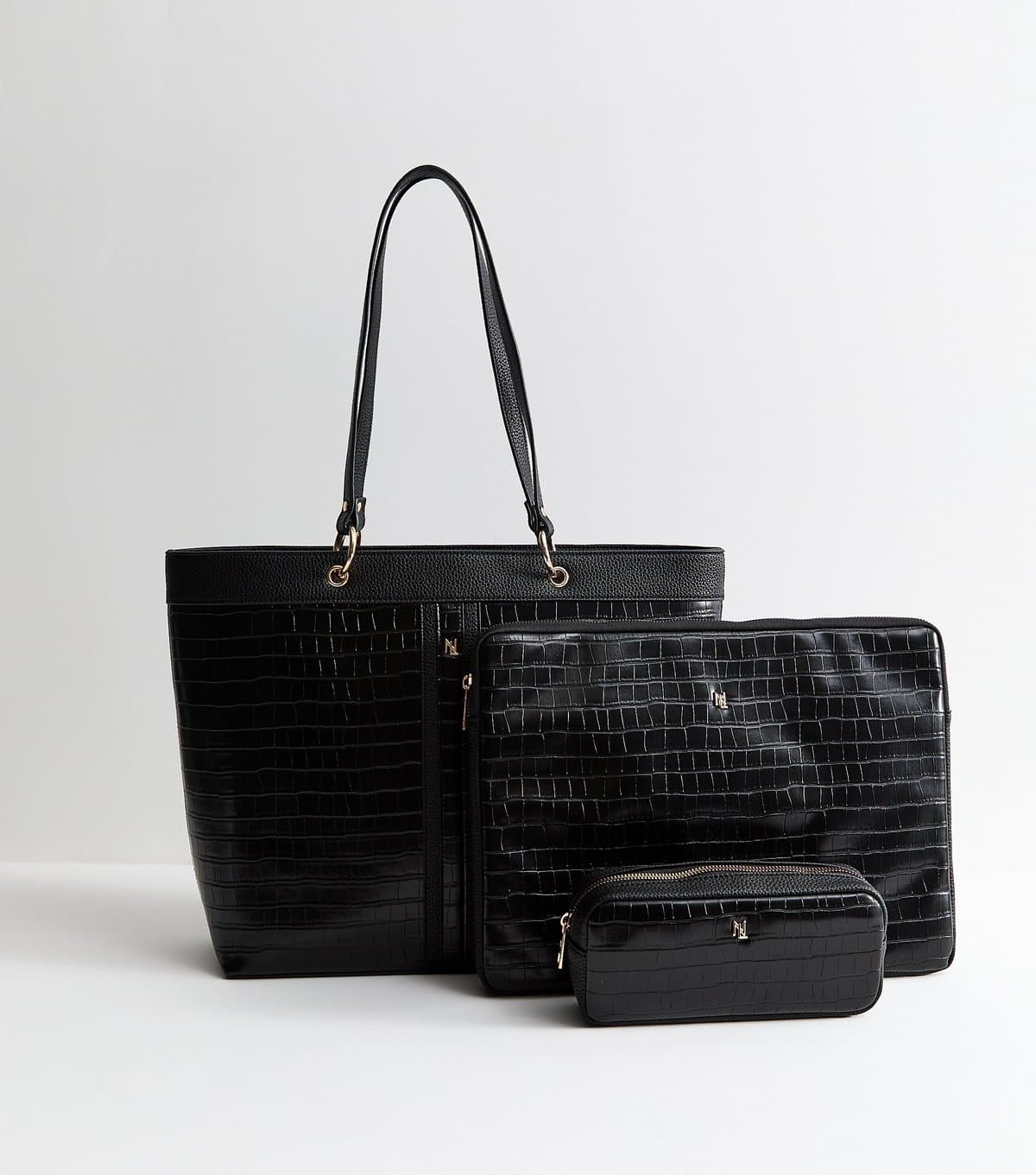 New Look Black Faux Leather Crocodile Embossed Trio Tote Bag Vegan New Look