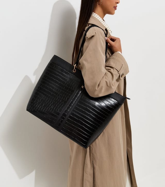 New Look Black Faux Leather Crocodile Embossed Trio Tote Bag Vegan New Look - 2