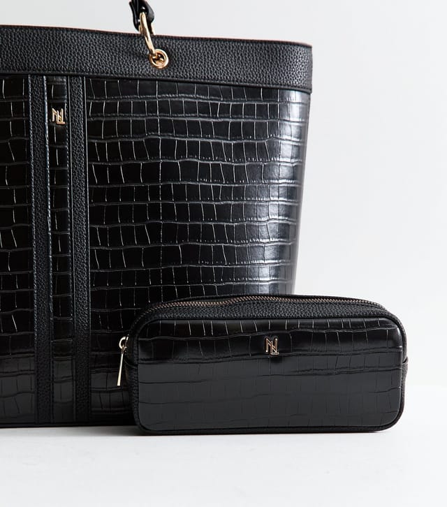 New Look Black Faux Leather Crocodile Embossed Trio Tote Bag Vegan New Look - 3