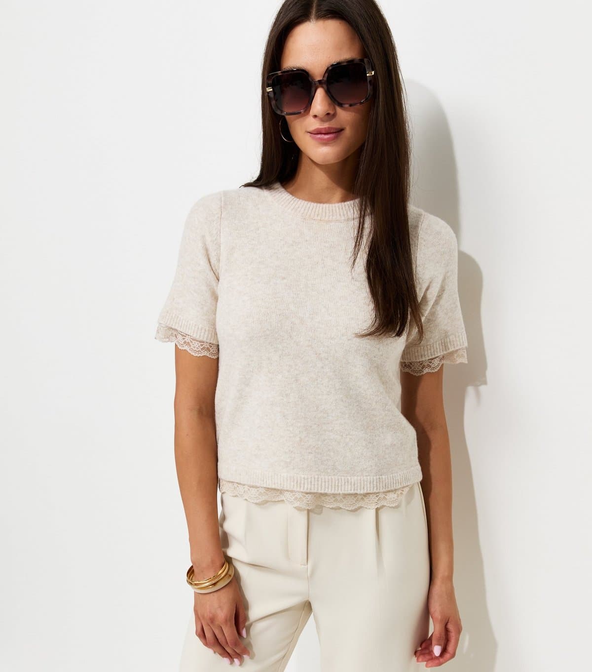 New Look Women's Oatmeal Lace Trim Knit T-Shirt New Look