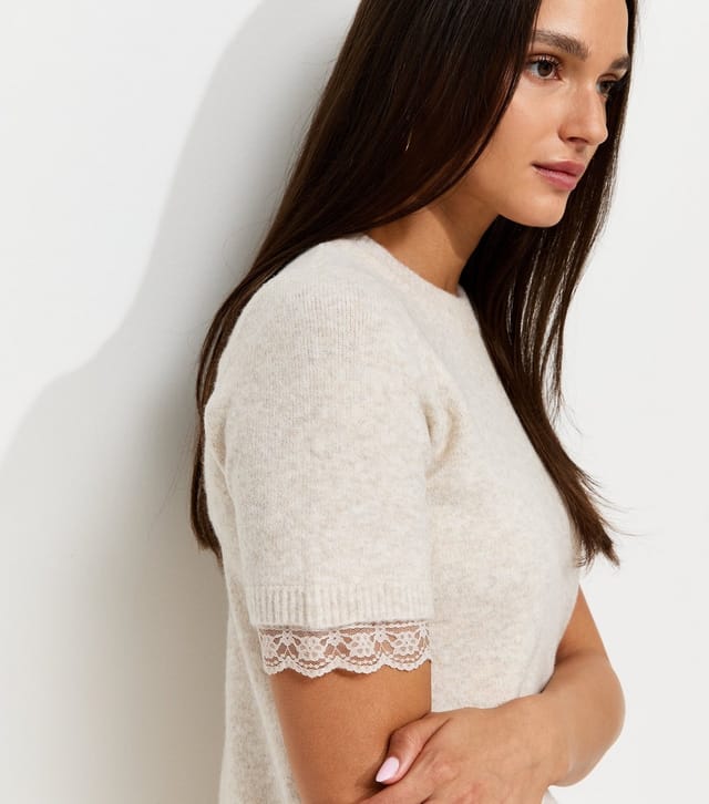 New Look Women's Oatmeal Lace Trim Knit T-Shirt New Look - 2