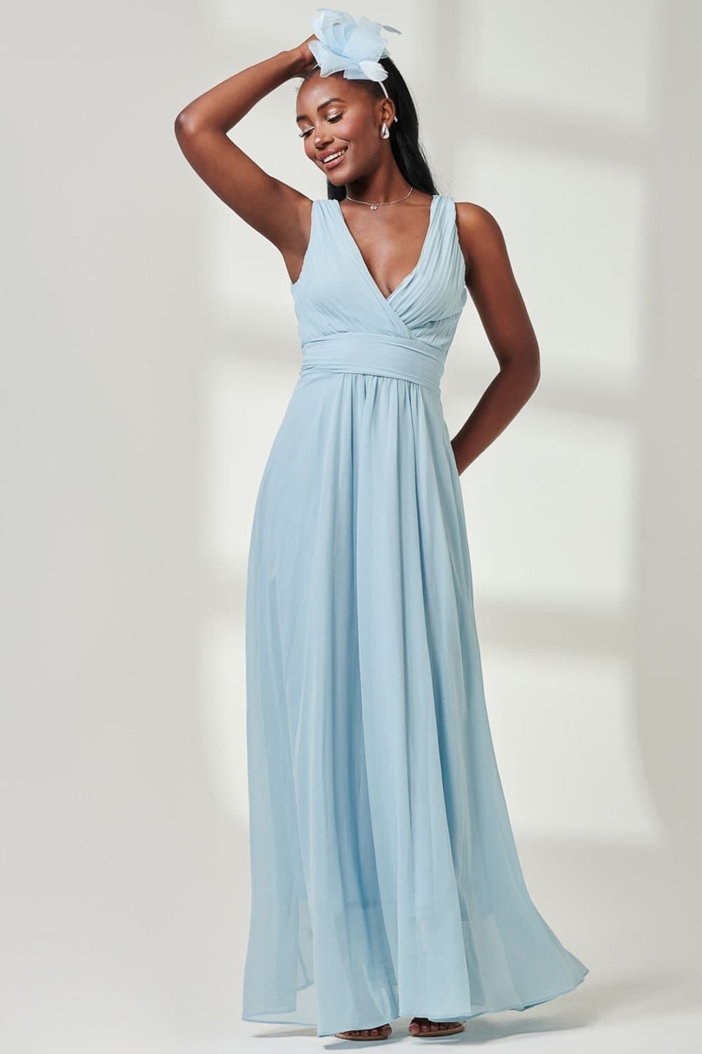 Jolie Moi Jolie Moi Women's Pleated Bodice Chiffon Maxi Dress in Light Blue