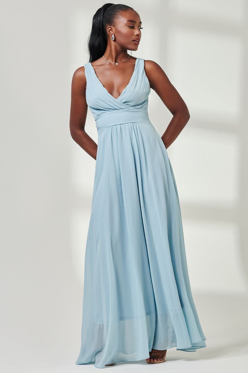 Jolie Moi Jolie Moi Women's Pleated Bodice Chiffon Maxi Dress in Light Blue - 4